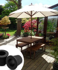 Garden patio with umbrella, showing Two-Piece Patio Table Umbrella Hole Ring Plug Kit, Silicone Sleeve Stabilizer Cone Wedge.