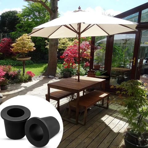 Garden patio with umbrella, showing Two-Piece Patio Table Umbrella Hole Ring Plug Kit, Silicone Sleeve Stabilizer Cone Wedge.