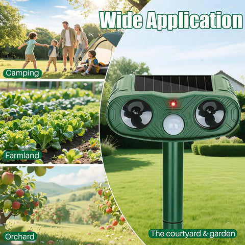 Motion Activated Outdoor Animal Repellent 2 Pack For Deer Raccoons Cats Squirrels With 110 Degree PIR Sensor To Guard Your Garden And Plants From Intruders And Nuisance Wildlife. Solar-powered outdoor repeller for garden, orchard, farm, and camping
