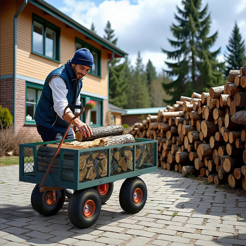 Man loading logs into Gutsy 17 Cu Ft Steel Tow Behind Dump Cart For Atv And Utv, Heavy Duty Utility Hauler With Removable Rear Panel.