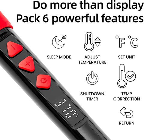 Close-up of black handle with red buttons showing LED and features of 60W 120V Soldering Iron Kit With Digital LED Display 5 In 1.