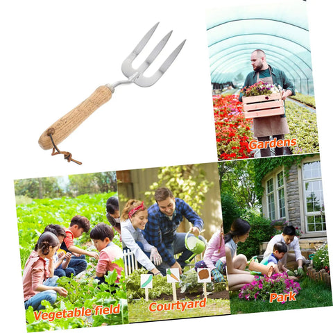 Multi Tool Garden Hand Shovel And Three Tooth Planting Fork With Built In Rake in garden, vegetable field, courtyard, park settings