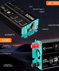 Top Shelf 500W Power Inverter pushing 1000W peak surge, showing LCD, cigarette lighter socket, and USB ports.