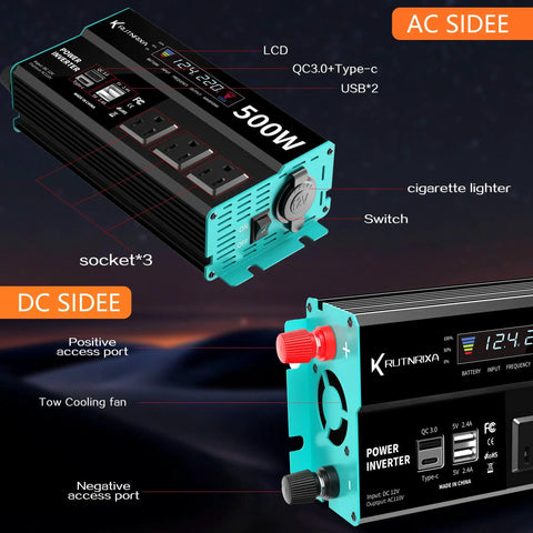 Top Shelf 500W Power Inverter pushing 1000W peak surge, showing LCD, cigarette lighter socket, and USB ports.