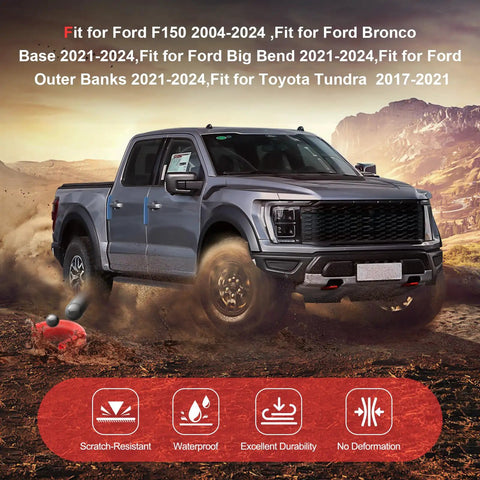 Ford F150 Tow Hook Cover 2 Piece Red Set For 2004-2026 Models And Bronco 2021-2026, rugged truck on rocky terrain