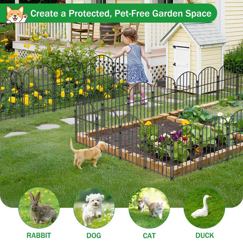 30 Pack Decorative Garden Fence Panels 17 Inch High Thirty One And A Half Foot Long Rustproof Metal No Dig Fence Animal Barrier For Dogs And Rabbits in a garden setup