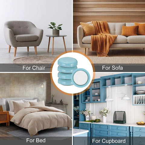 16 Pack Heavy Duty Furniture Sliders Featuring Self Adhesive Round Gliders To Protect Your Floors While Rolling Couches And Tables Smooth As Butter Without A Scrape Or Unwanted Noise display with blue pads for various furniture settings.