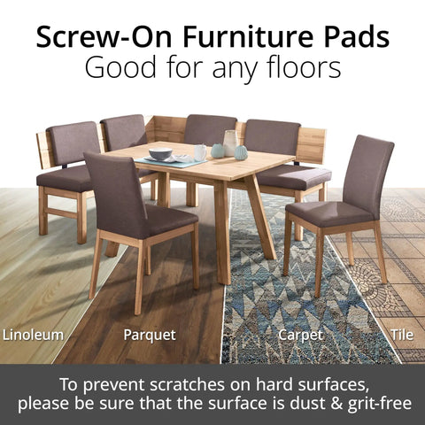 8 Pack 1 Inch Screw On Chair Sliders Floor Protectors For All Surfaces, dining set on varied flooring types.