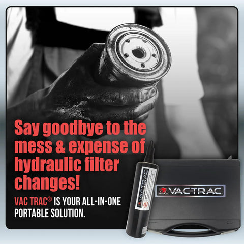 Hand holding a hydraulic filter beside the Hydraulic Fluid Saver Vacuum Tool for Tractor Filter Changes Oil Suction Pump Kit for Heavy Equipment Mess Free Filter Replacements Easy to Use Suction Pump That Keeps Your Workshop Clean Fits Any Tractor Brand