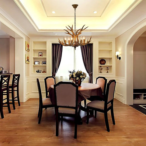 Dining room with Six Light Rustic Antler Chandelier with Resin Deer Horns Brown Finish E12 Base Ideal For Living Room Bedroom