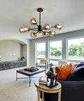 Eight-Light Glass Globe Sputnik Chandelier Matte Black And Gold Dope Modern Vintage Pendant Light For Dining Room