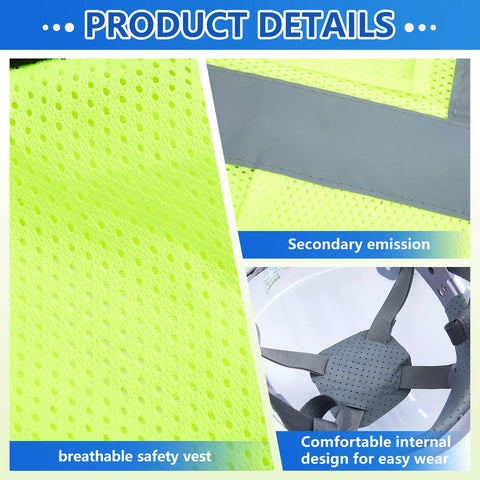 All In One XL PPE Safety Kit With Glasses Earplugs Hard Hat Nitrile Gloves And Reflective Vest showing vest and helmet details