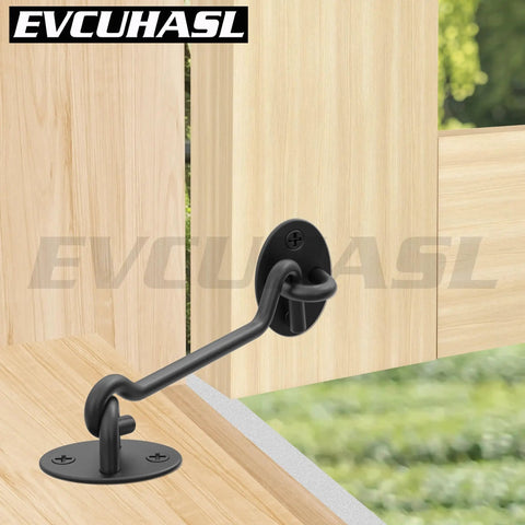 Rock Solid 3 Inch Matte Black Hook And Eye Latch For Swing Barn Doors Patio Gates installed on wooden door.