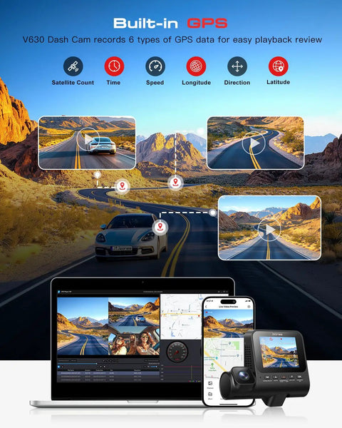 4K 3 Channel Dash Cam With Front Rear And In Cabin Coverage, Starvis 2 Sensor, showing GPS data on devices