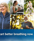 Collage of people enjoying activities with Breathing Trainer With Warm Steam And Adjustable Resistance For Daily Comfort App Guided Sessions.