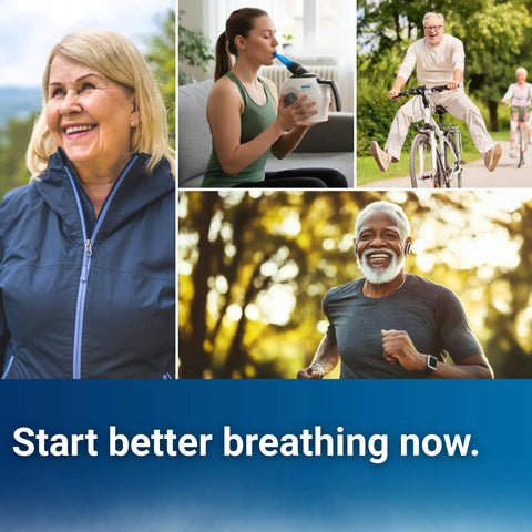 Collage of people enjoying activities with Breathing Trainer With Warm Steam And Adjustable Resistance For Daily Comfort App Guided Sessions.