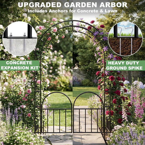 7ft Metal Garden Arbor With Gate Two In One Trellis For Climbing Plants Wide Sturdy Outdoor Arch Pathway Entrance Perfect For Weddings Halloween And Christmas Decor With Built In Latch To Keep Pets Safe viewed with flowers and anchors