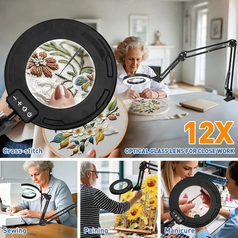 Ultra Long 12X And 30X Pro Grade Magnifying Lamp With Light And Clamp, hands-free magnifier for crafting, sewing, and cross-stitch.