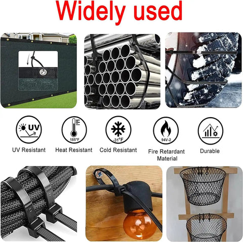 Image showing various uses of 22 Inch Heavy Duty Zip Ties With 120 Pound Tensile Strength UV Resistant Black Cable Ties 50 Pack Industrial Grade Nylon PA66 UL Listed RoHS Compliant Environmentally Friendly For Bundling And Wire Management, including securing pipes, wire management, and organizing garden baskets.
