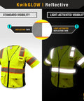 Built Darn Tough Hella Breathable Class 3 High Visibility Safety Vest With Bright Reflective Tape And Kickass Organization Pockets For Men Construction Surveyors Yellow Large Sizes shown with standard and light-activated visibility.