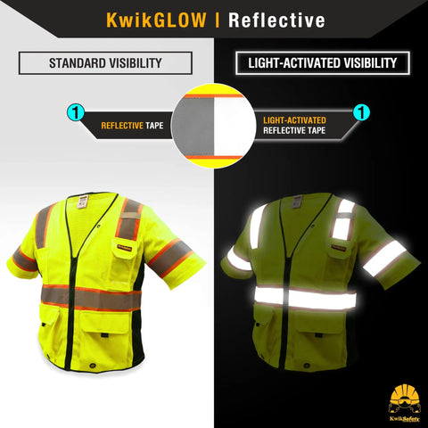 Built Darn Tough Hella Breathable Class 3 High Visibility Safety Vest With Bright Reflective Tape And Kickass Organization Pockets For Men Construction Surveyors Yellow Large Sizes shown with standard and light-activated visibility.
