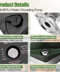 Close-up of 009BF5J Water Pump specifications highlighting high-power motor and stainless steel body for Top Shelf 1/8HP 115V Stainless Steel Cartridge Circulator Pump Replacement For 009BF5J Models.