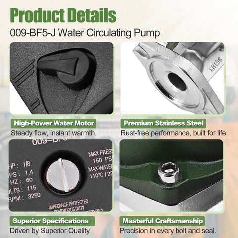 Close-up of 009BF5J Water Pump specifications highlighting high-power motor and stainless steel body for Top Shelf 1/8HP 115V Stainless Steel Cartridge Circulator Pump Replacement For 009BF5J Models.