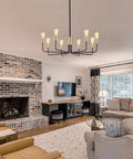 8 Light Sputnik Chandelier Pendant Lighting Fixture In Gold And Black, Dope Industrial Vintage Ceiling Lamp in living room view.