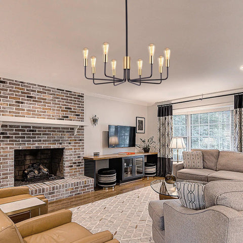 8 Light Sputnik Chandelier Pendant Lighting Fixture In Gold And Black, Dope Industrial Vintage Ceiling Lamp in living room view.