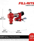 Heavy Duty 12V Fuel Transfer Pump With 20 GPM Flow Rate Cast Iron Construction shown with dimensions on a white background.