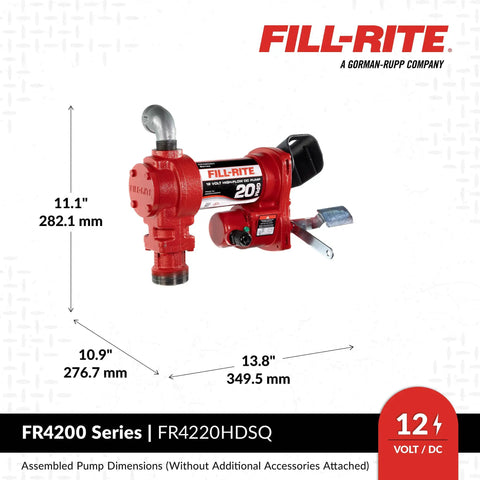Heavy Duty 12V Fuel Transfer Pump With 20 GPM Flow Rate Cast Iron Construction shown with dimensions on a white background.