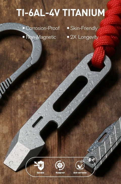 Close-up of Titanium EDC Pry Bar Multitool with Bottle Opener, Hex Wrench, Ruler in Gunmetal Grey, ideal for keychains and outdoor use