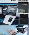 Image showing control screen for stopping EV charging, featuring a Tesla dashboard and mobile app display.