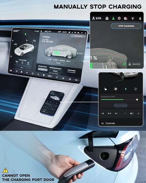 Image showing control screen for stopping EV charging, featuring a Tesla dashboard and mobile app display.