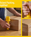 Two Pack Stretch Wrap Film Handle Tools For Fast Pallet Wrapping in use with yellow handle on cardboard box