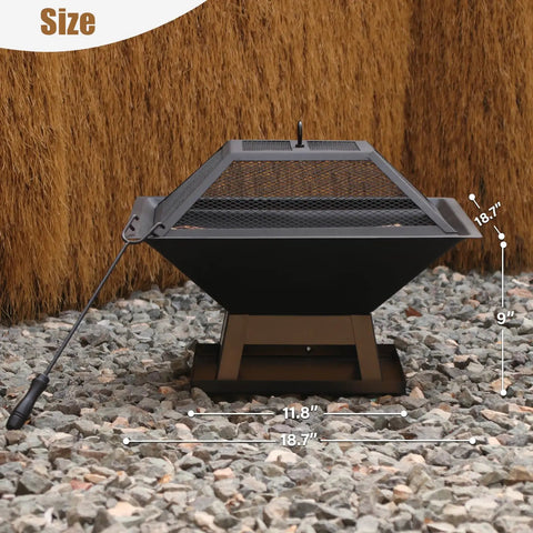 Compact 19.8 Inch Square Fire Pit With Removable Ash Pan And Mesh Lid, seen on gravel, shows size dimensions.