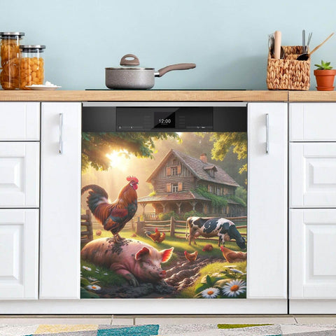 Magnetic Door Cover For Appliances 26 By 23 Inches, Rustic Farmhouse Rooster Pig And Cow Scene on dishwasher, peel and stick decal