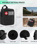 Black MOLLE tactical first-aid pouch with US flag and red cross patches; dimensions 8.07 x 5.91 x 4.33 in