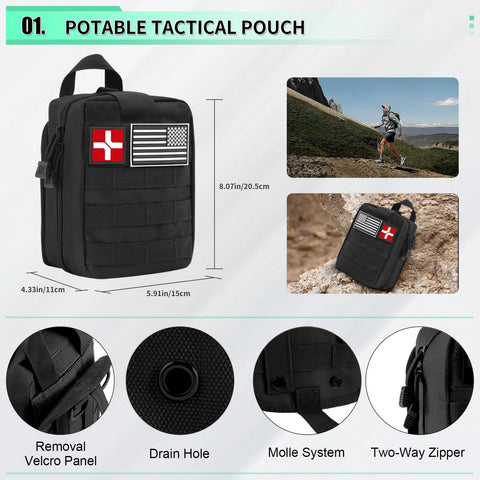 Black MOLLE tactical first-aid pouch with US flag and red cross patches; dimensions 8.07 x 5.91 x 4.33 in