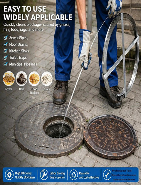Heavy Duty Flat Steel Sewer Rod And Drain Snake Tool Forged From Tempered Metal used to clear blockages in a sewer.