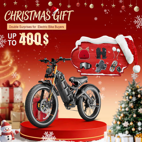 Built Different Dual Motor Ebike Dropping 5600W Peak Power And 50Mph Top Speed With An Insane 80Ah Battery displayed with holiday gifts.