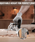 Smooth Operator 8.5 Amp Biscuit Joiner With Knockout 12000 RPM Power Head demonstrating adjustable height for precise joints.