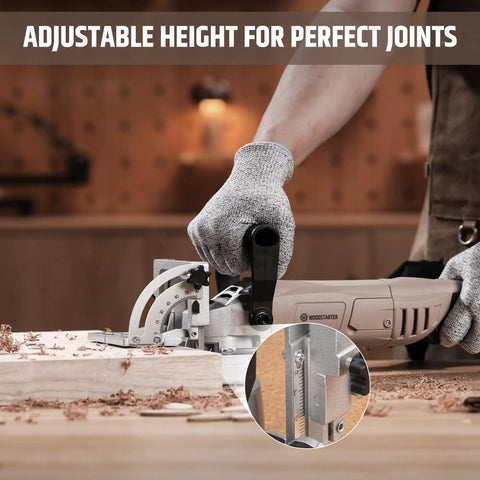 Smooth Operator 8.5 Amp Biscuit Joiner With Knockout 12000 RPM Power Head demonstrating adjustable height for precise joints.