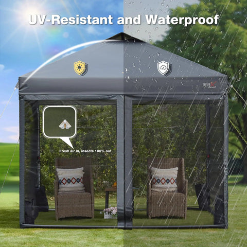 10x10 Pop Up Canopy Tent With Mosquito Netting Outdoor Portable Screen Shelter for Yard Parties Camping and Picnics with chairs inside