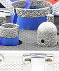 Top Shelf Diamond Core Drill Bit And Tile Hole Saw Kit Featuring Slick Segmented Blades For Precision Cutting Porcelain Ceramic Marble Granite Masonry Complete Multi Size Set with various sizes and styles of diamond core bits in a storage case.