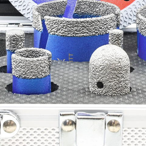 Top Shelf Diamond Core Drill Bit And Tile Hole Saw Kit Featuring Slick Segmented Blades For Precision Cutting Porcelain Ceramic Marble Granite Masonry Complete Multi Size Set with various sizes and styles of diamond core bits in a storage case.
