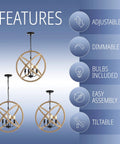 Features of 20 Inch Black And Brown 4 Light Iron And Rope Globe Pendant Light, adjustable height, dimmable, bulbs included.