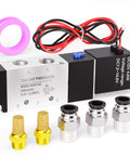 2 Position 5 Way Solenoid Valve DC 12V Pilot Operated Electric Valve With One Quarter Inch NPT Inlet and Outlet, extras shown