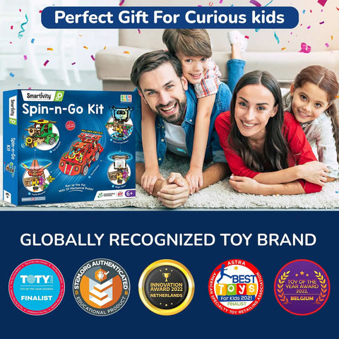 Spin N Go Twenty In One Mechanical Builder Kit For Kids Ages Six To Twelve With A Step By Step Guide Hands On STEM Fun Creative Toy Builds And Daily New Toy Projects For Boys And Girls box with family