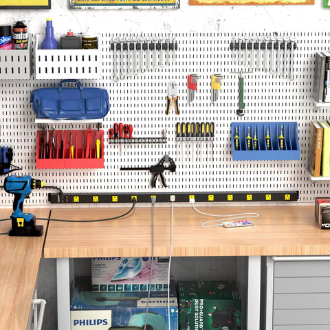 Heavy Duty 12 Outlet Industrial Power Strip With Wide Spaced Outlets And A 15 Foot Cord, 2100 Joules Surge Protection, 15A Circuit Breaker, Double Pole Protection, Metal Housing For Workshop Garage And Office Gear mounted on workbench